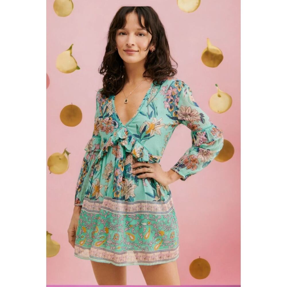 Raga Botanic Enchantment Floral Metallic Turquoise Open Back Mini Dress NWT Lg